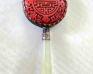 Cinnebar Hand Mirror With Jade Handle