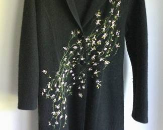 Teri John Knit Wear  Nieman Marcus Black Coat w/Foral Vine Embroidery