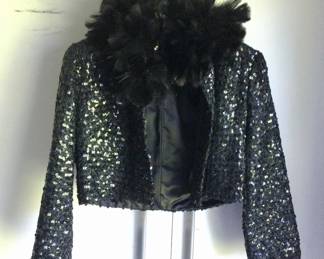 Sequin Cropped Black Jacket w/Feather Collar