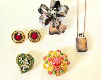 Sterling Silver Bow Pin, Perfume Bottle and Designer Signed Brooches & Earrings 