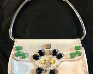 Vintage Prada Leather Jewel Embelished Metal Handle Shoulder Bag