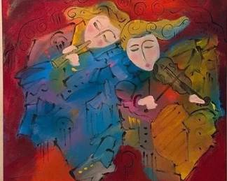 Jim Stallings Signed "Two of a Kind" Abstract Musicians Painting, 30x30, COA
