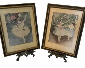 Vintage Framed Ballerina Art Print Pair And Ornate Stands