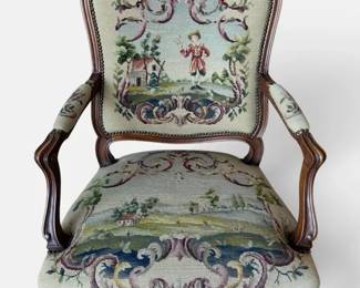 Vintage French Louis XV Style Pastoral Needlepoint Armchair