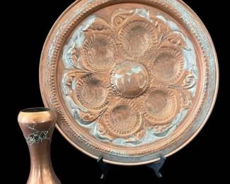 Vintage Handcrafted Copper Tray & Vase with Silver-Tone Inlay