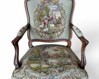 Vintage French Louis XV Style Pastoral Needlepoint Armchair