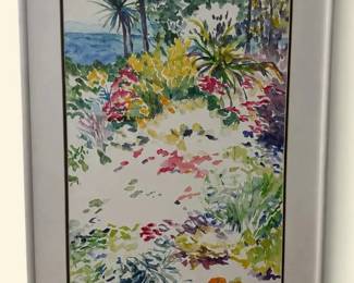 Signed Marilynn Robinson Tropical Garden Watercolor – Framed