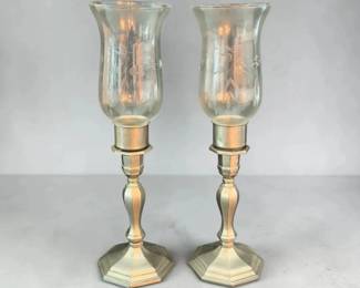 Pair of Gorham Pewter PH8 Hurricane Candle Holders with Etched Glass Shades