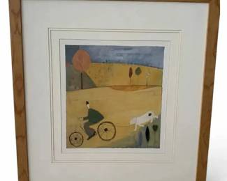 Signed Whimsical Folk Art Bicycle & Dog Framed Print