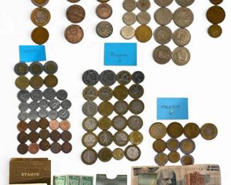 Organized World Coin Collection, Mexico Silver Money Clip & with Foreign Stamps & Currency