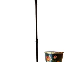 Hand-blown floral glass torchiere floor lamp with decorative dark metal stem