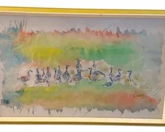 Vintage Hand-Painted Silk Abstract Vessel Artwork Framed