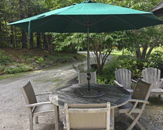 208 — Teak Kingsley Bate Table, Four Chairs, & Umbrella — Table: 60" round x 28.5"; Chairs: 26" x 25" x 37"