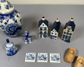KLM Delft Blue House Decanters & Hand-Painted Holland Jar 