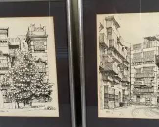Pair of Signed Jeddah Architectural Ink Drawings – Framed