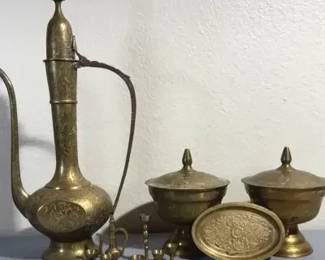 Ornate Bronze-Tone Engraved Middle Eastern-Style Ewer, Bowls, and Miniature Serving Set