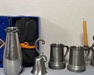 Pewter Vase (Royal Selangor), Tankards, Bell & Candlestick Collection – 5 Pieces