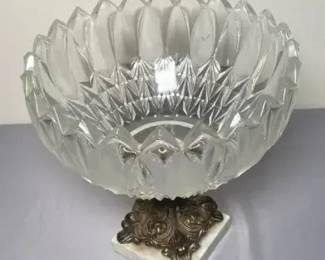 Large Cut-Glass Pedestal Bowl with Ornate Metal & Marble Base