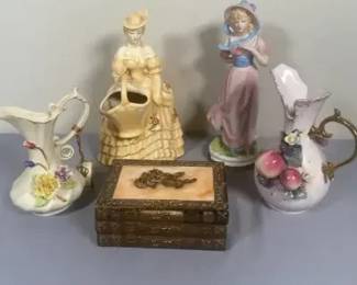 Lefton China & Arnart Vases, Two Japan Lady Figures & Metal Book Jewelry Box