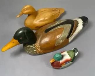 Two Carved Wood Ducks & Small Ceramic Duck Collection – 3 Pieces