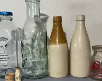 Vintage Dairy Bottle Collection with Wooden Miniatures – 7 Pieces