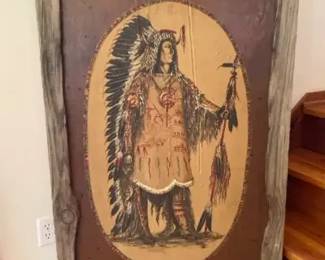 Large Rustic Wood-Framed Native American Warrior Wall Art