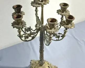 Ornate Bronze-Tone Engraved Middle Eastern-Style Nine-Light Candelabra