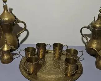 Ornate Middle Eastern Bronze-Tone Metal Service Set with Engraved Detailing