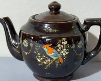 Made in Occupied Japan Brown-Glaze Bird & Floral Teapot