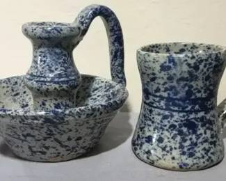 Jerry Brown Pottery Blue Speckled Ewer wtih Basin & Mug – Artist Signed 2009