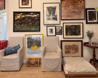 Wall art, high end furniture and James Perse dog bed.