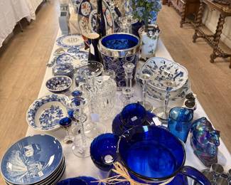 Vintage blue and white china and glassware