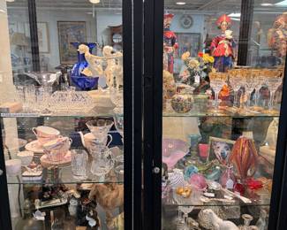Fine china teacups, crystal and figurines