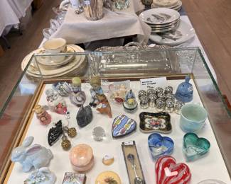 Vintage salt and pepper shakers and blown glass hearts  