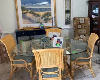 Never Used Rattan Glass Top Table w/4 Chairs