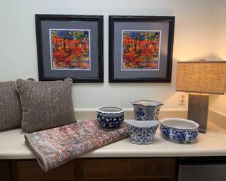 Blue & White Planters, Lamps, Framed Art