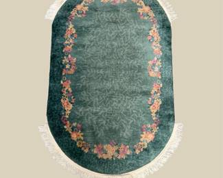 Teal Oval Rug – Decorative Floral Border