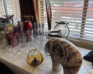 Glassware and Cat Figurine