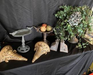 Lot Of Various Ornately Styled Decor Including Very Small Cast Iron Bird Baths