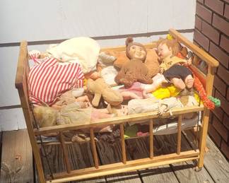 Vintage Baby Doll Cradle and Dolls