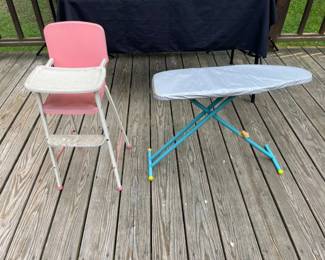 Vintage child sized metal ironing board and high chair