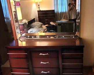 Mid Century Cherry Dresser with Etched Mirror