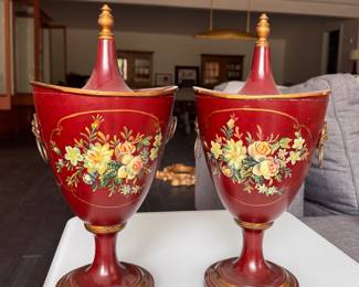Pair of Red Tole Painted Chestnut Urns. Each Measures 17" H. Photo 1 of 3. 