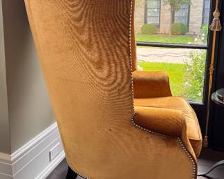 Pair of Victoria Hagan Home Velvet Upholstered Wainscott Wing Chairs with Nailhead Trim. Each Measures 32" W x 36" D. Photo 4 of 9.  