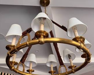 Ralph Lauren Westbury Equestrian-Inspired Brass Chandelier with Leather Straps. Measures 31" H x 30.35" W. Photo 6 of 6.