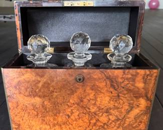 Burl Wood Walnut Liquor Cellar with Crystal Decanters. Photo 4 of 4. 
