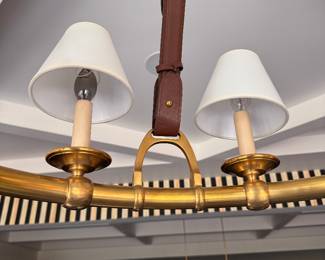 Ralph Lauren Westbury Equestrian-Inspired Brass Chandelier with Leather Straps. Measures 31" H x 30.35" W. Photo 5 of 6.