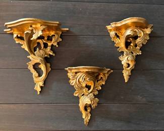 Gilded Wood Wall Mount Shelves. They Measures 8" H. 