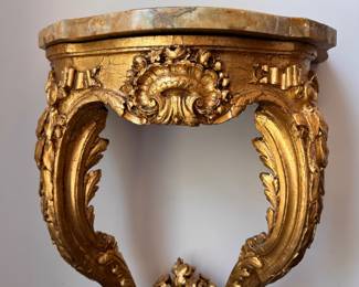 Ornate Antique Louis XV-Style 24K Giltwood Demi-Lune with Carved Urn on Stretcher - 2 Available. Each Measures 19" W x 10" D x 35" H. Photo 2 of 6.