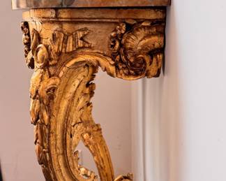 Ornate Antique Louis XV-Style 24K Giltwood Demi-Lune with Carved Urn on Stretcher - 2 Available. Each Measures 19" W x 10" D x 35" H. Photo 6 of 6.